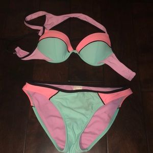 blue pink and purple bikini
